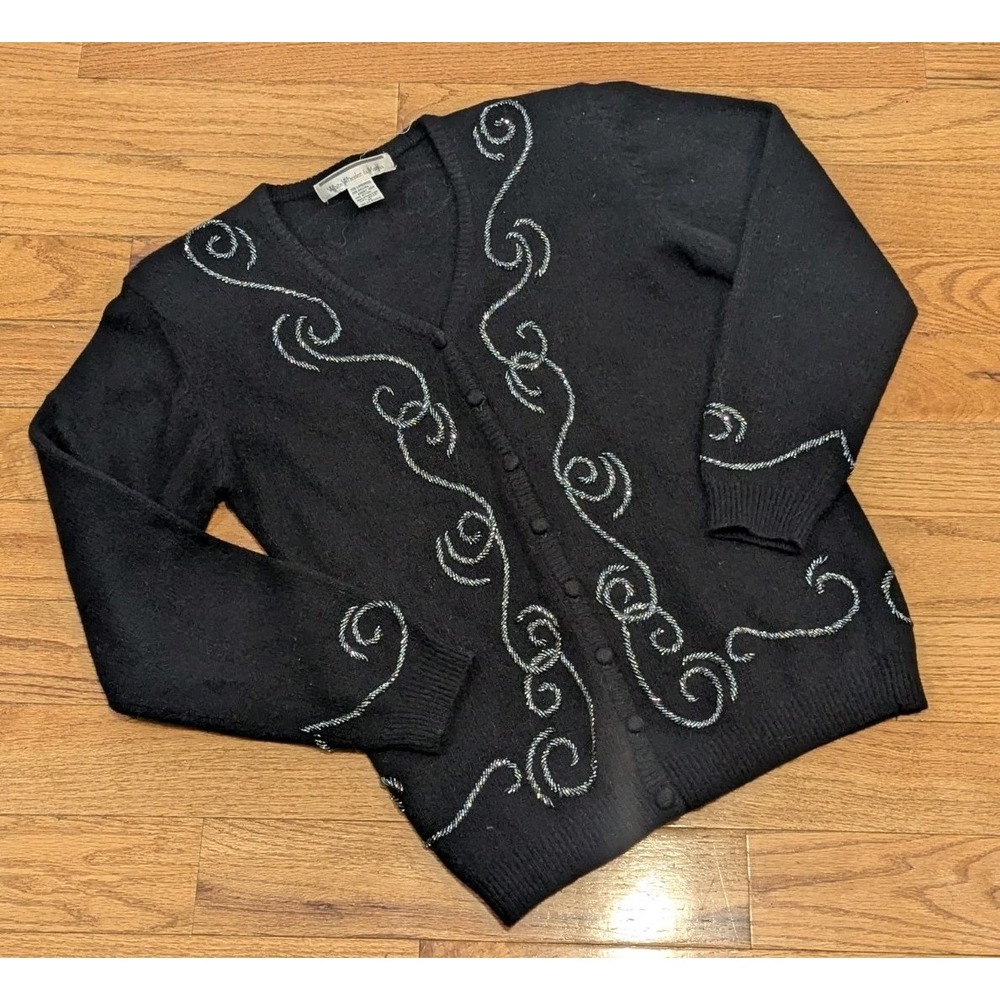 Cottagecore Angora Lambswool Cardigan Beaded Black Vintage Medium Quiet Luxury
